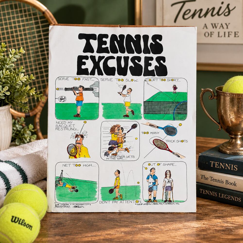 1991 Jim Beran Tennis Excuses Cartoon Print 11x14 A Slice of Life Sports Humor